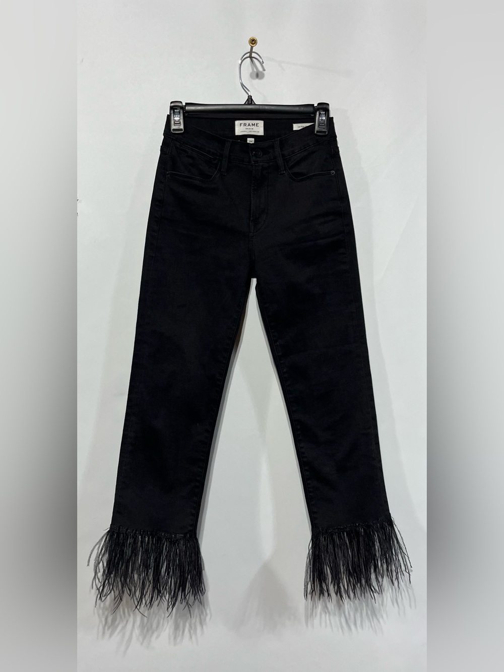 Frame Denim Le High Straight (Feather Trim / Cuff) Black Jeans Size 24 Inseam 26